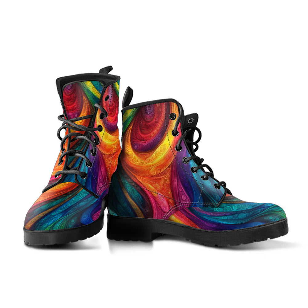 A pair of Rainbow Classic Boots showcasing the fluid rainbow wave pattern with sturdy black soles.