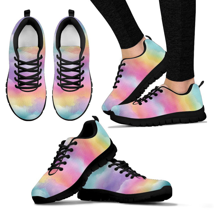 Multiple angles of Rainbow Clouds Sneakers with black soles, including a lifestyle shot worn on feet.