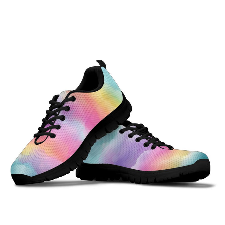 Rainbow Clouds Sneakers featuring a dreamy pastel watercolor sky pattern with black soles.