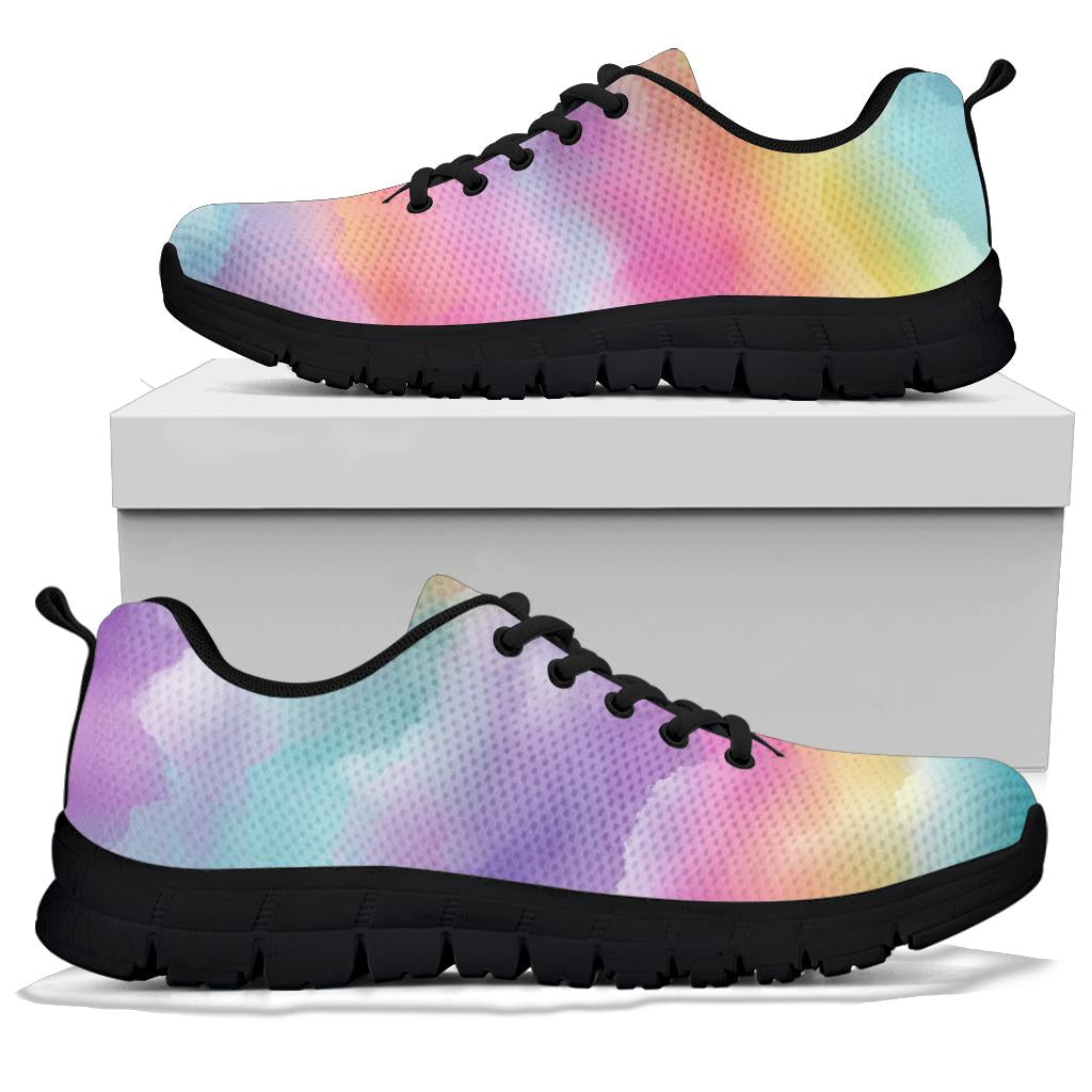 A pair of Rainbow Clouds Sneakers with black soles and black laces, displayed resting on top of a plain white shoe box.