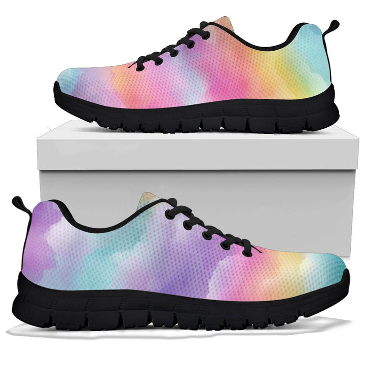 A pair of Rainbow Clouds Sneakers with black soles and black laces, displayed resting on top of a plain white shoe box.