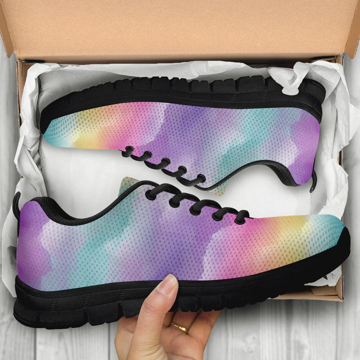Unboxing Rainbow Clouds Sneakers with black soles, showing the pastel sky themed shoes inside a cardboard box.