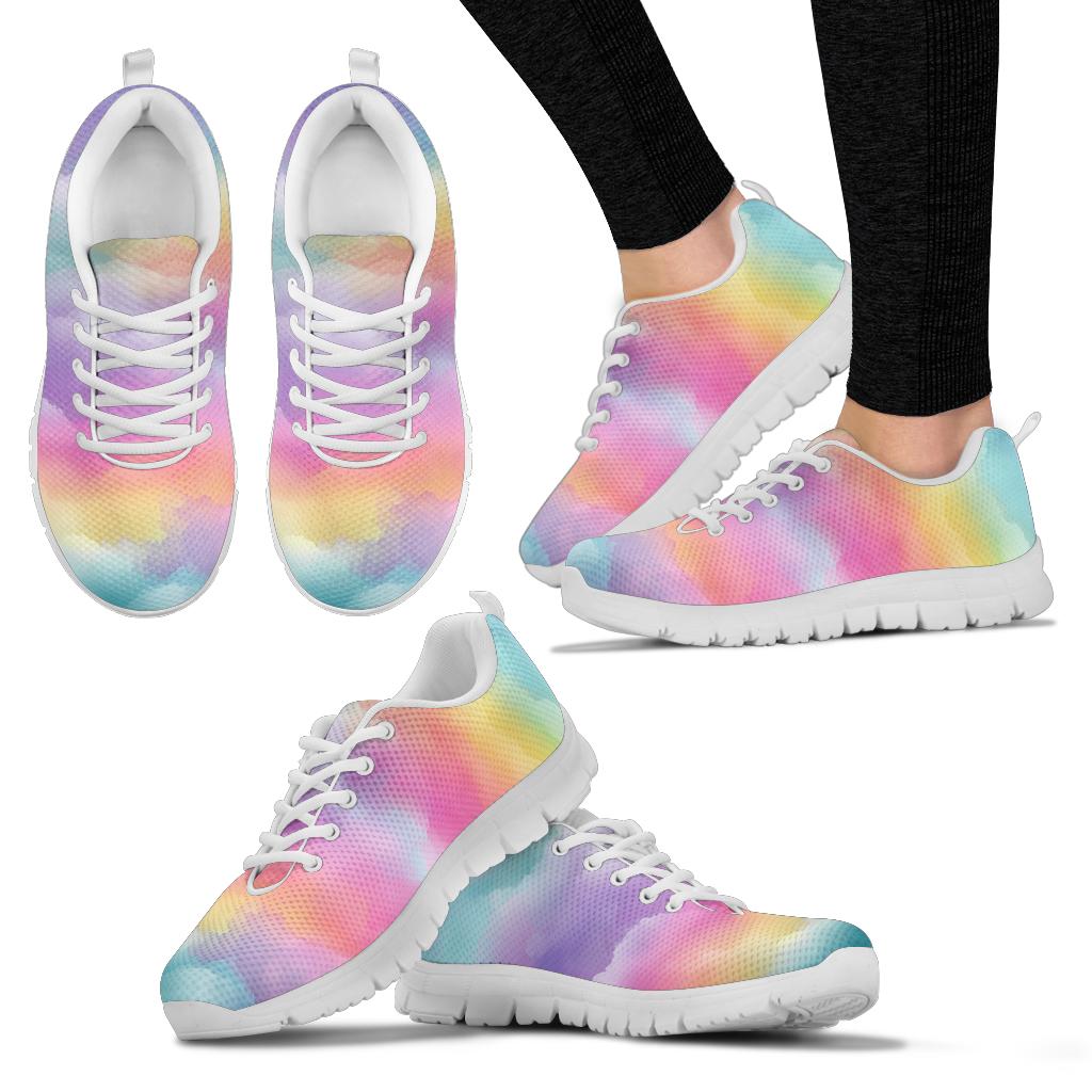 Multiple angles of Rainbow Clouds Sneakers with white soles, including a lifestyle shot worn on feet.