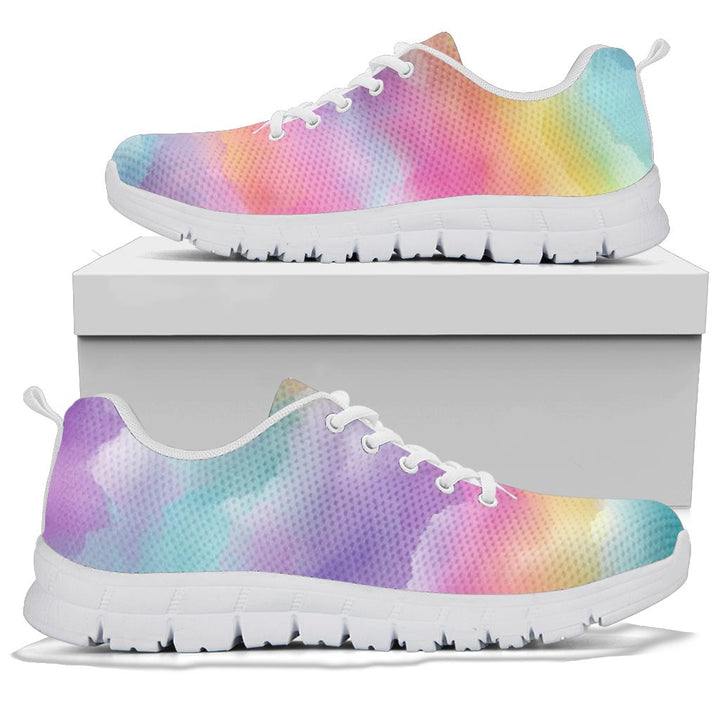 A pair of Rainbow Clouds Sneakers with white soles and white laces, displayed resting on top of a plain white shoe box.