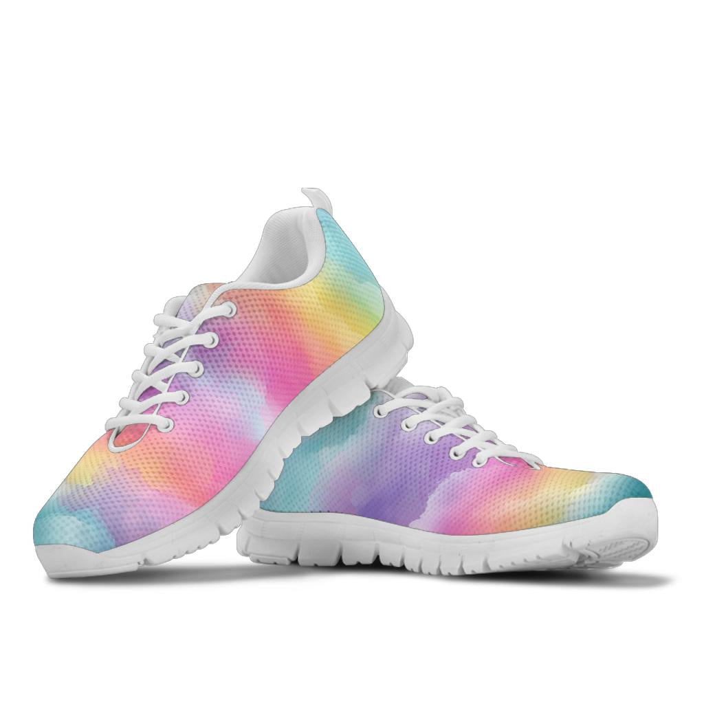 Stacked view of Rainbow Clouds Sneakers showcasing the soft colorful gradient design with crisp white soles and white laces.