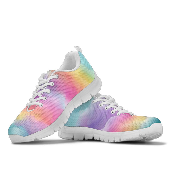 Stacked view of Rainbow Clouds Sneakers showcasing the soft colorful gradient design with crisp white soles and white laces.