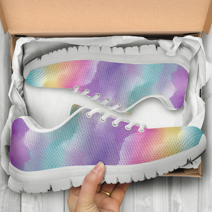 Unboxing Rainbow Clouds Sneakers with white soles, showing the dreamy colorful shoes inside a cardboard shoe box.