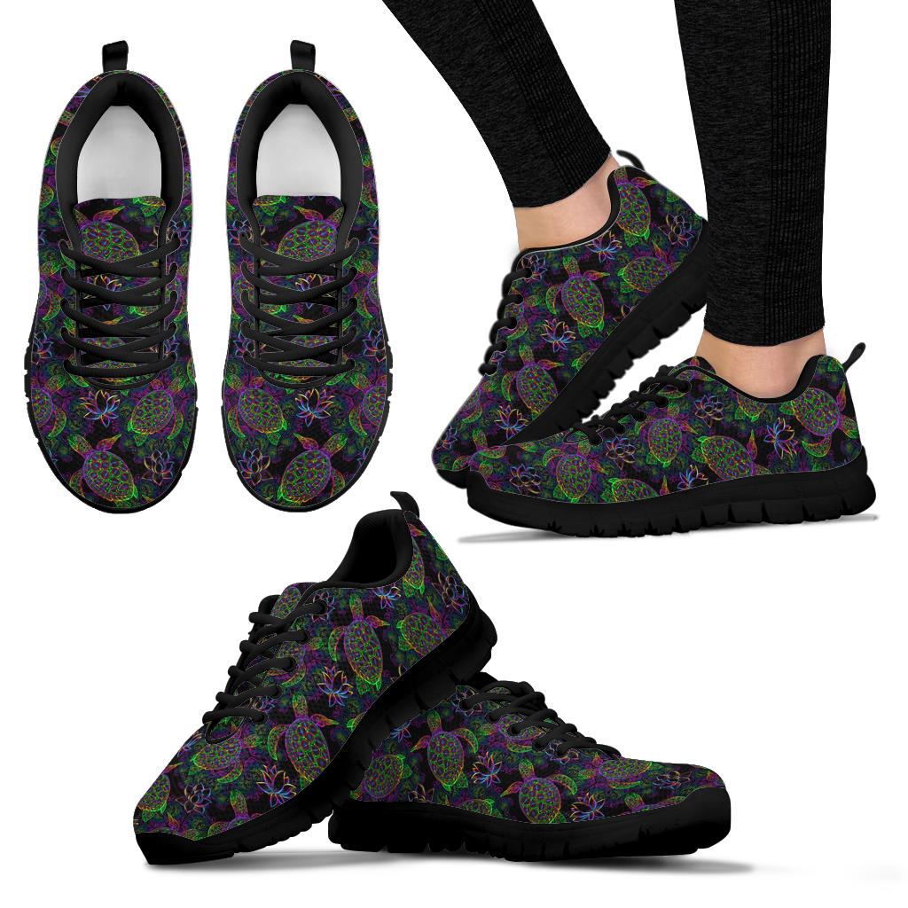 Multiple angles of Sea Turtle Sneakers with black soles, including a lifestyle shot worn on feet.