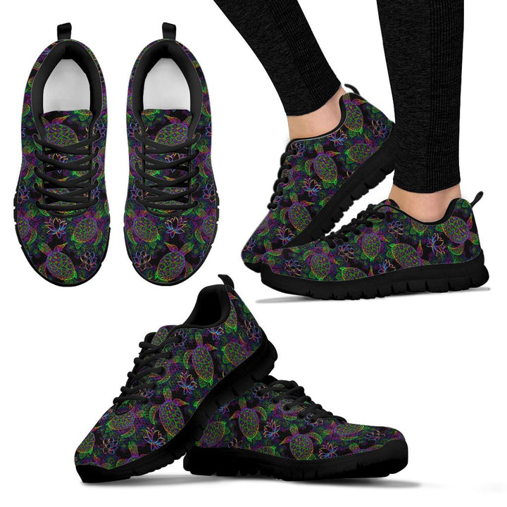 Multiple angles of Sea Turtle Sneakers with black soles, including a lifestyle shot worn on feet.