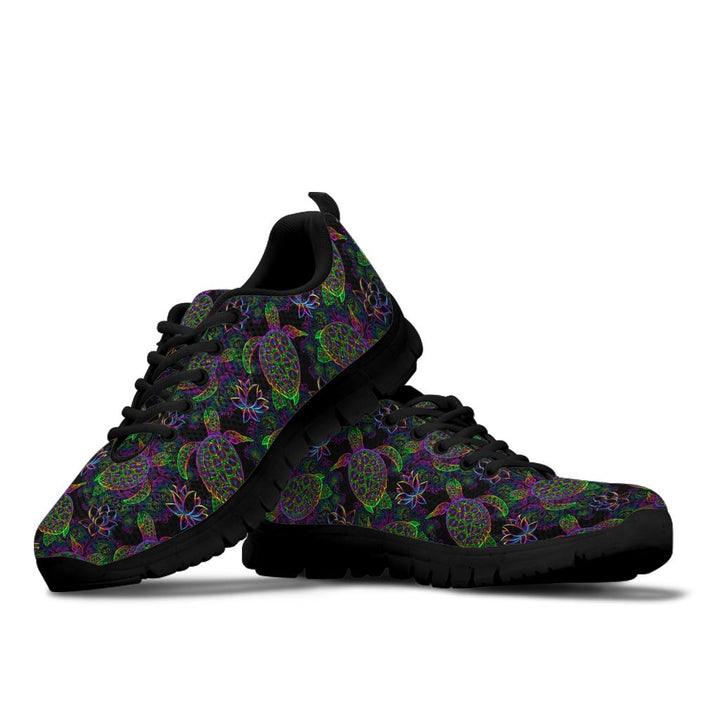 Sea Turtle Sneakers featuring a vibrant artistic turtle pattern on a dark background with black soles.