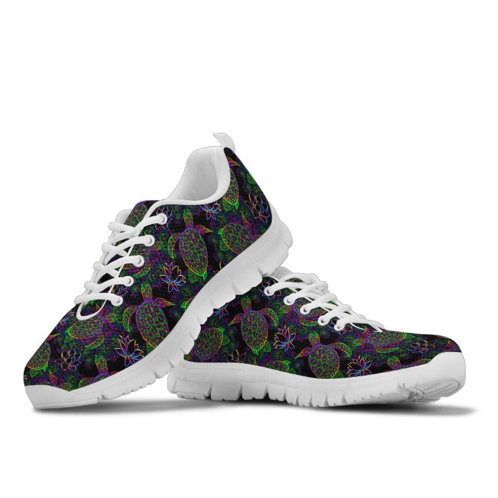 Stacked view of Sea Turtle Sneakers showcasing the colorful ocean design with crisp white soles and white laces.