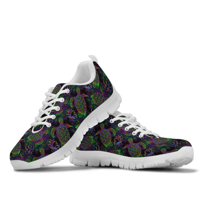Stacked view of Sea Turtle Sneakers showcasing the colorful ocean design with crisp white soles and white laces.