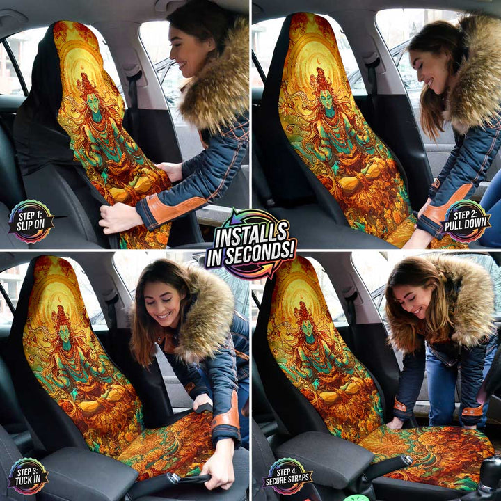 A collage showing a woman easily installing the Shiva Car Seat Covers over her car seats.
