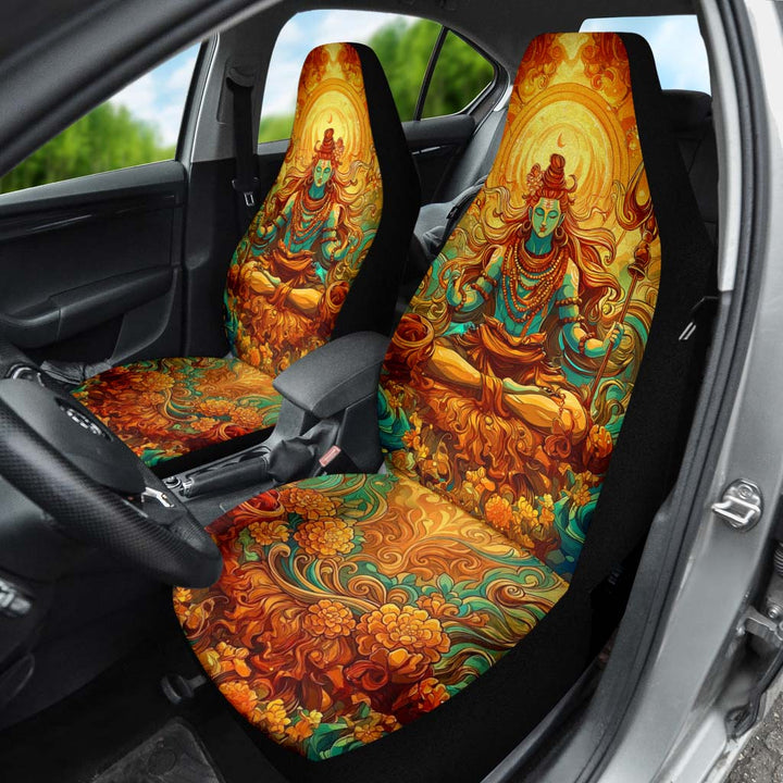Shiva Car Seat Cover installed on a driver's seat, highlighting the spiritual Lord Shiva artwork inside the car.