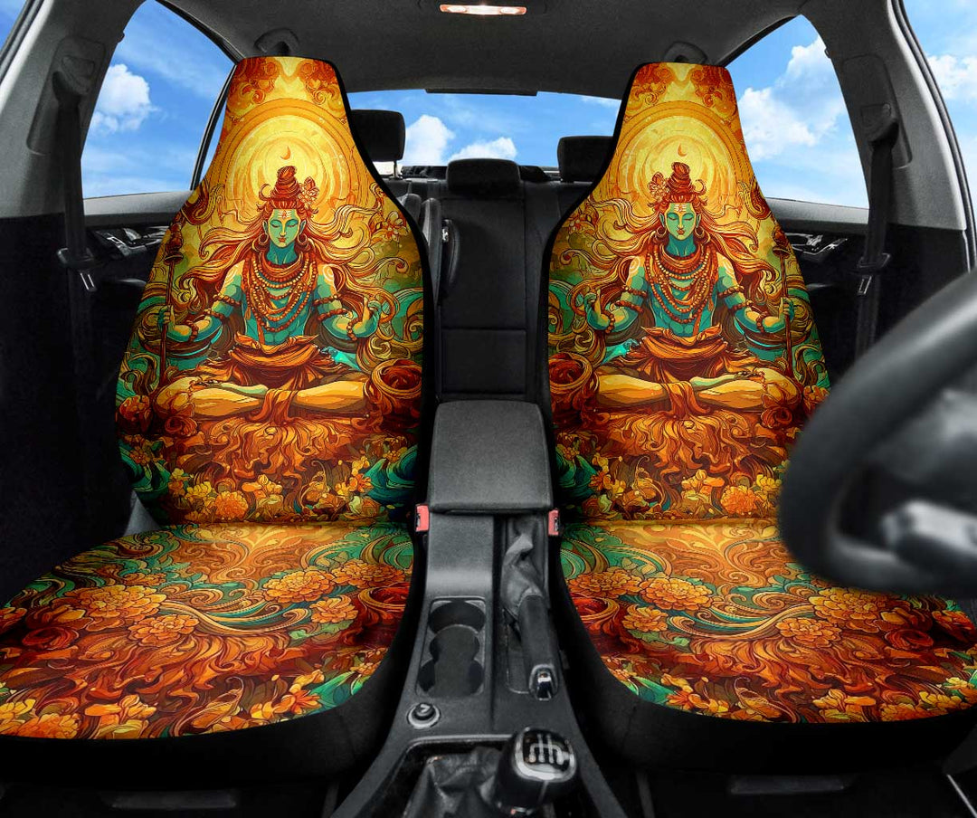 Shiva Car Seat Covers installed on front seats, showing the stunning Lord Shiva design.