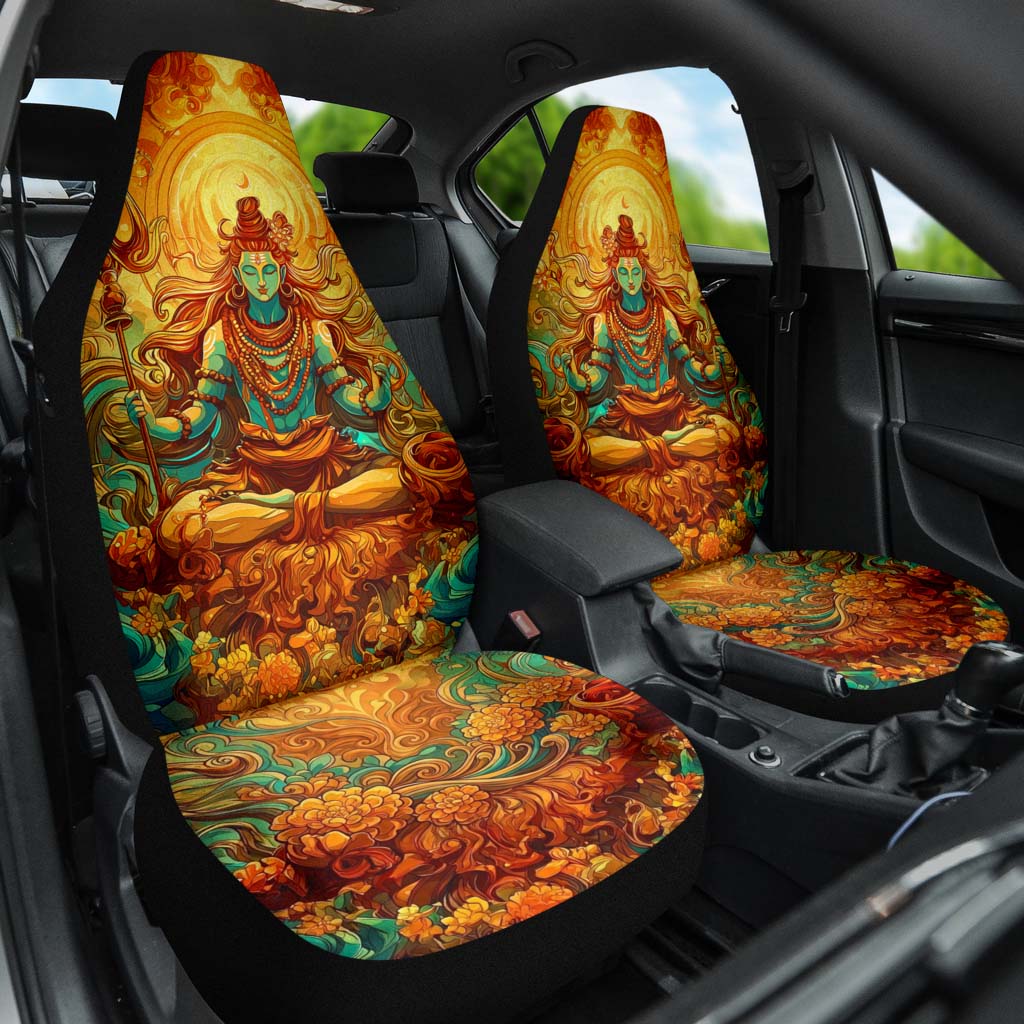 Front angled view of both Shiva Car Seat Covers installed in a car, adding a serene spiritual touch to the interior.