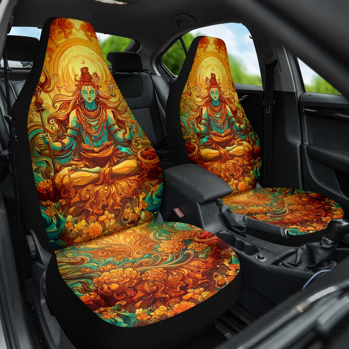 Front angled view of both Shiva Car Seat Covers installed in a car, adding a serene spiritual touch to the interior.