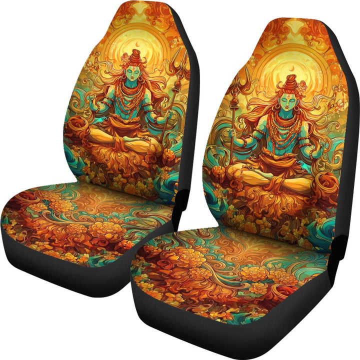 Front view of a pair of Shiva Car Seat Covers featuring beautiful divine Lord Shiva artwork.