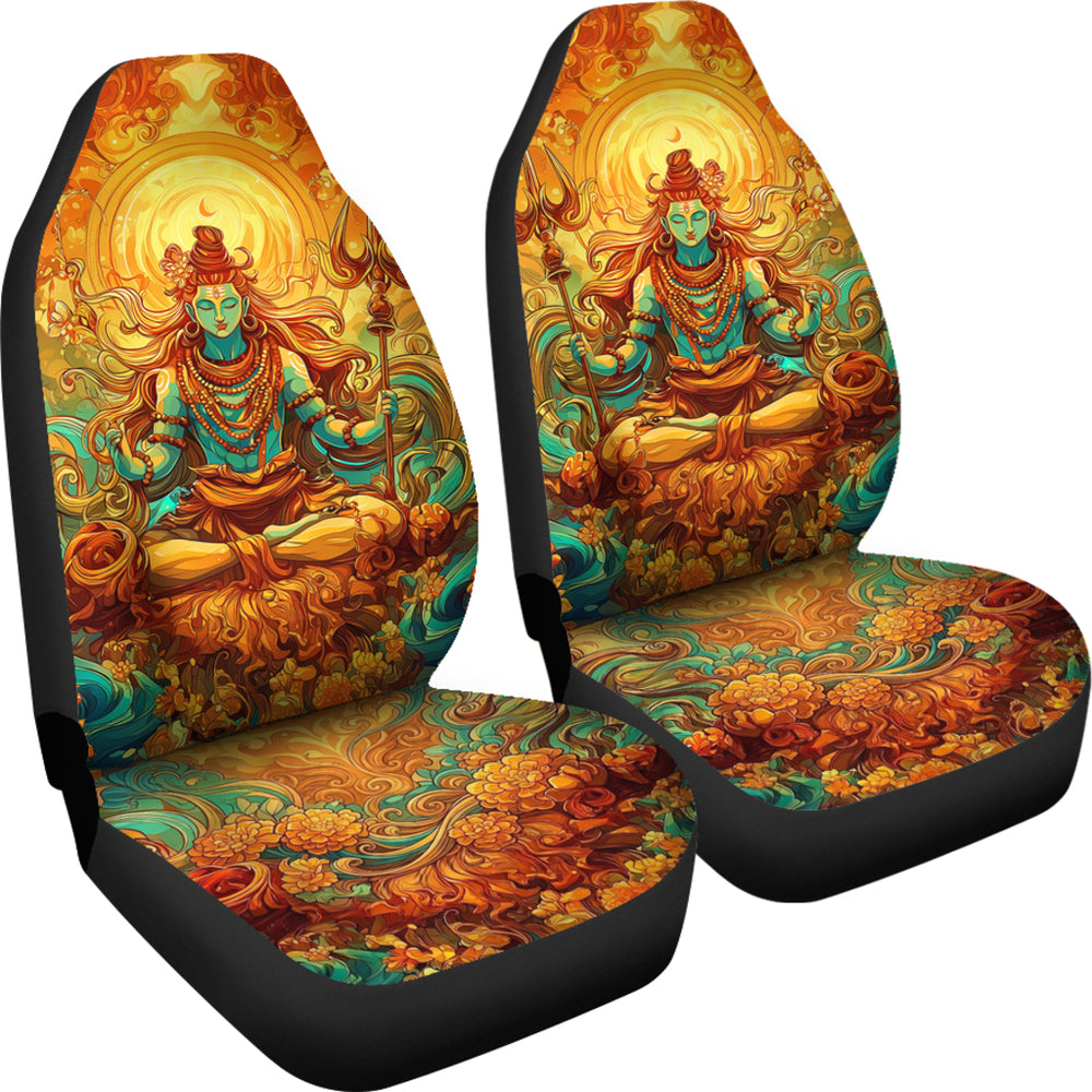 Angled view of a pair of Shiva Car Seat Covers showcasing the detailed spiritual design.