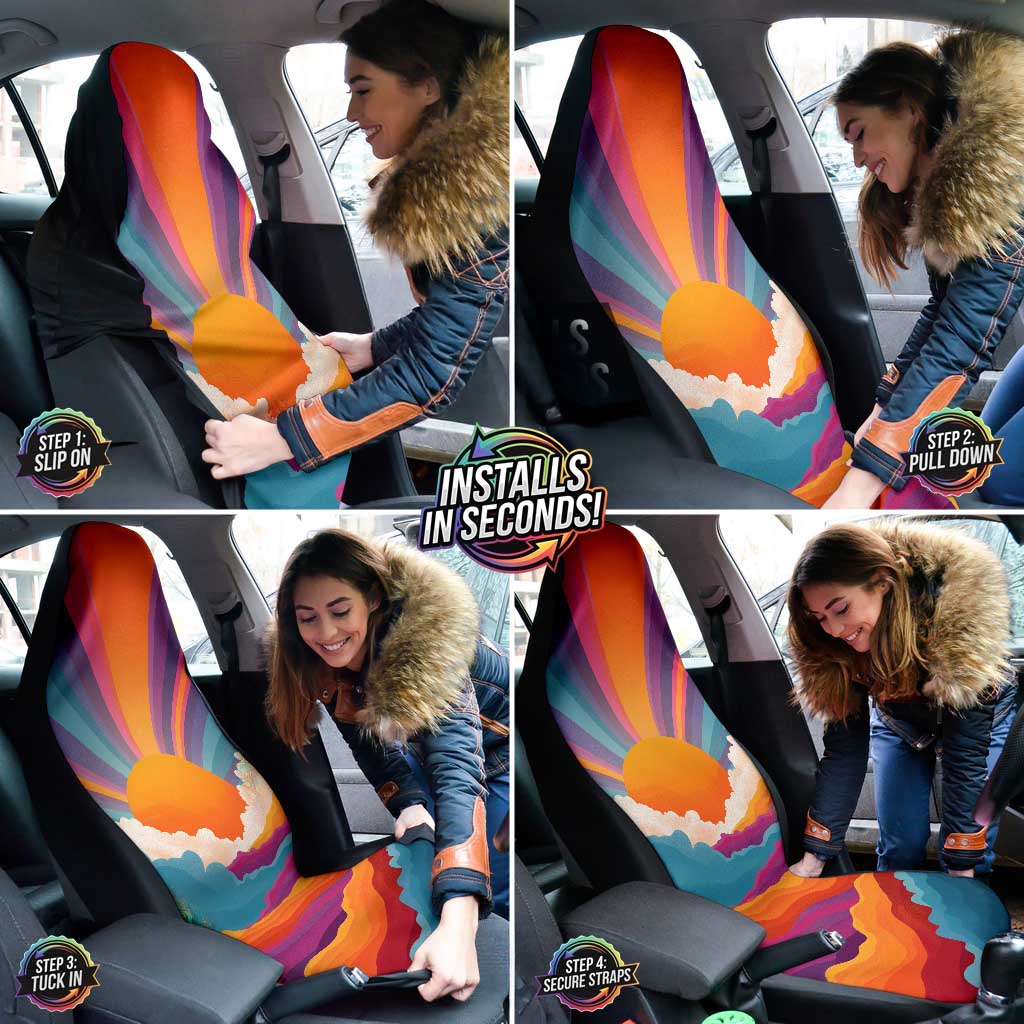 A collage showing a woman easily installing the Sunrise Car Seat Covers over her car seats.
