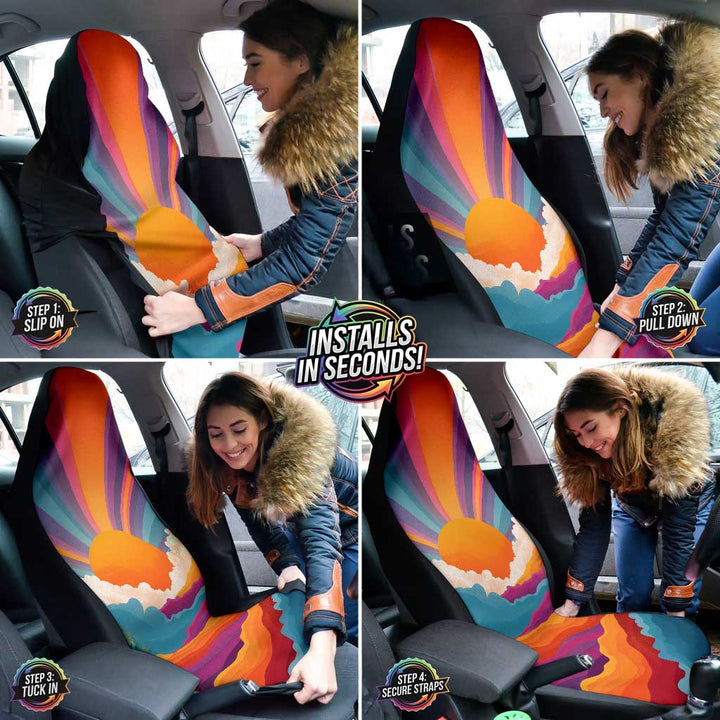 A collage showing a woman easily installing the Sunrise Car Seat Covers over her car seats.