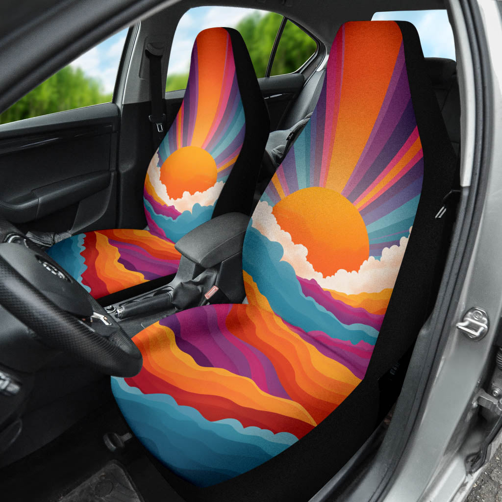 Sunrise Car Seat Cover installed on a driver's seat, highlighting the bright sunrise pattern inside the car.