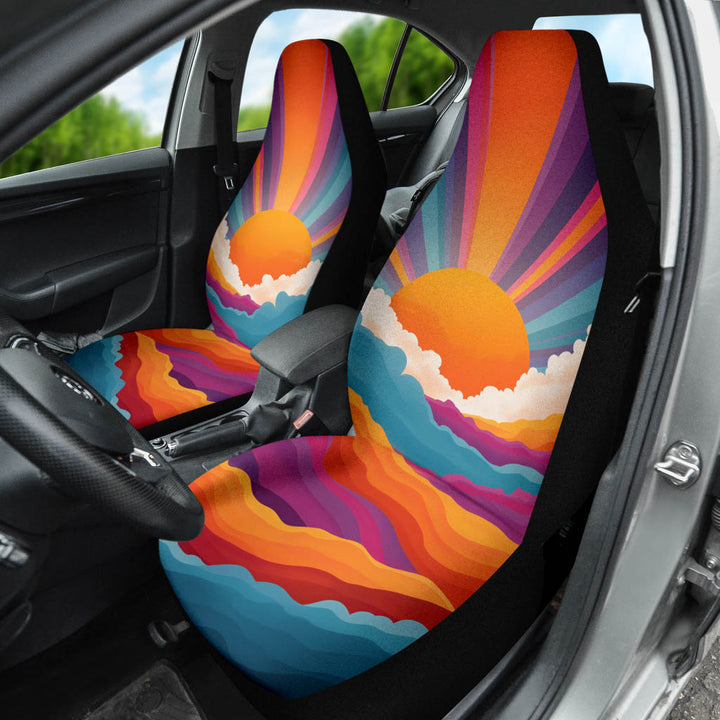 Sunrise Car Seat Cover installed on a driver's seat, highlighting the bright sunrise pattern inside the car.