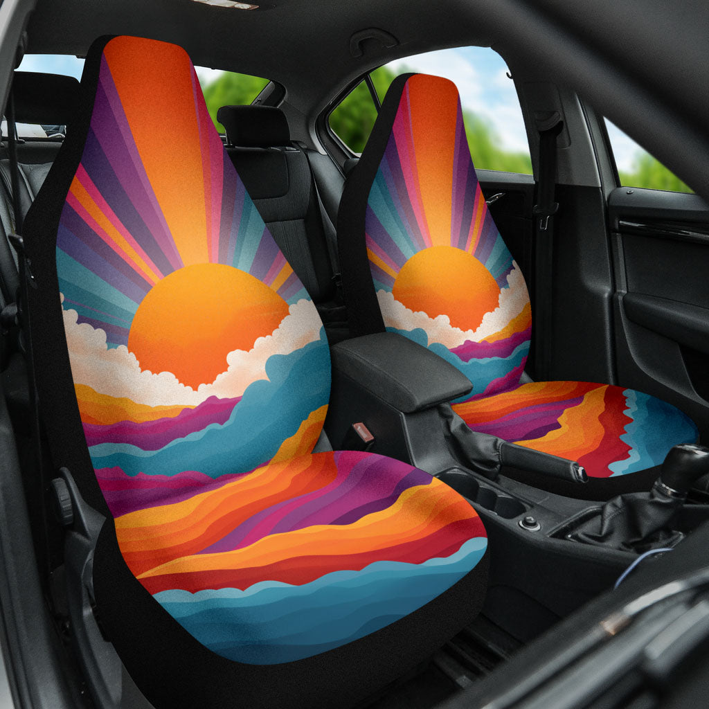 Sunrise Car Seat Cover installed on a passenger seat, showing the vibrant interior car styling.
