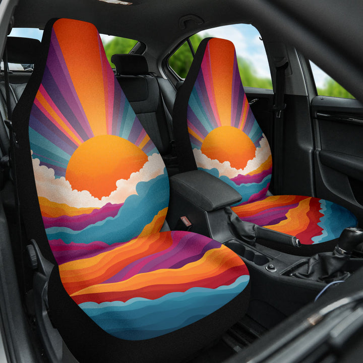 Sunrise Car Seat Cover installed on a passenger seat, showing the vibrant interior car styling.