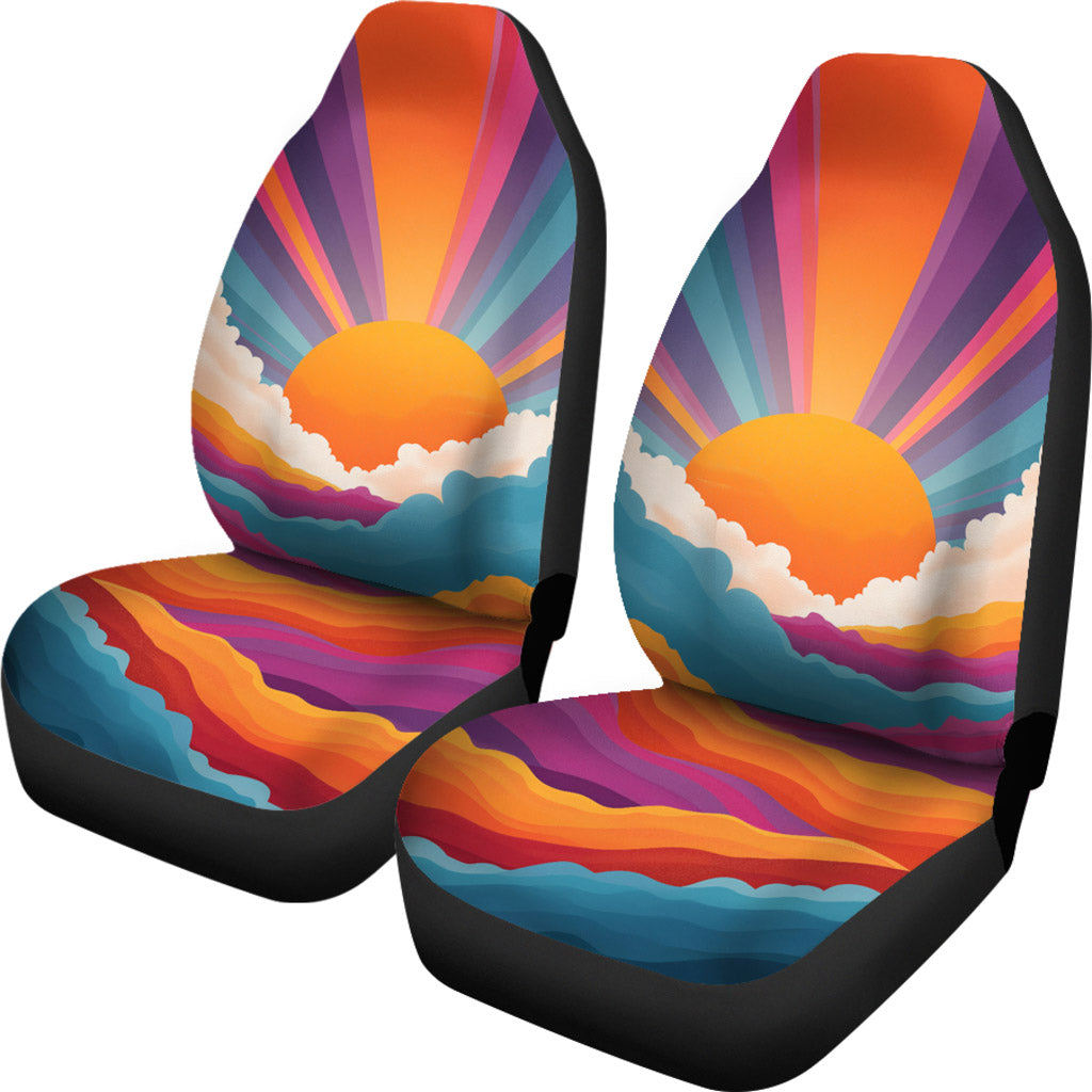 Front view of a pair of Sunrise Car Seat Covers featuring a vibrant sunrise pattern.