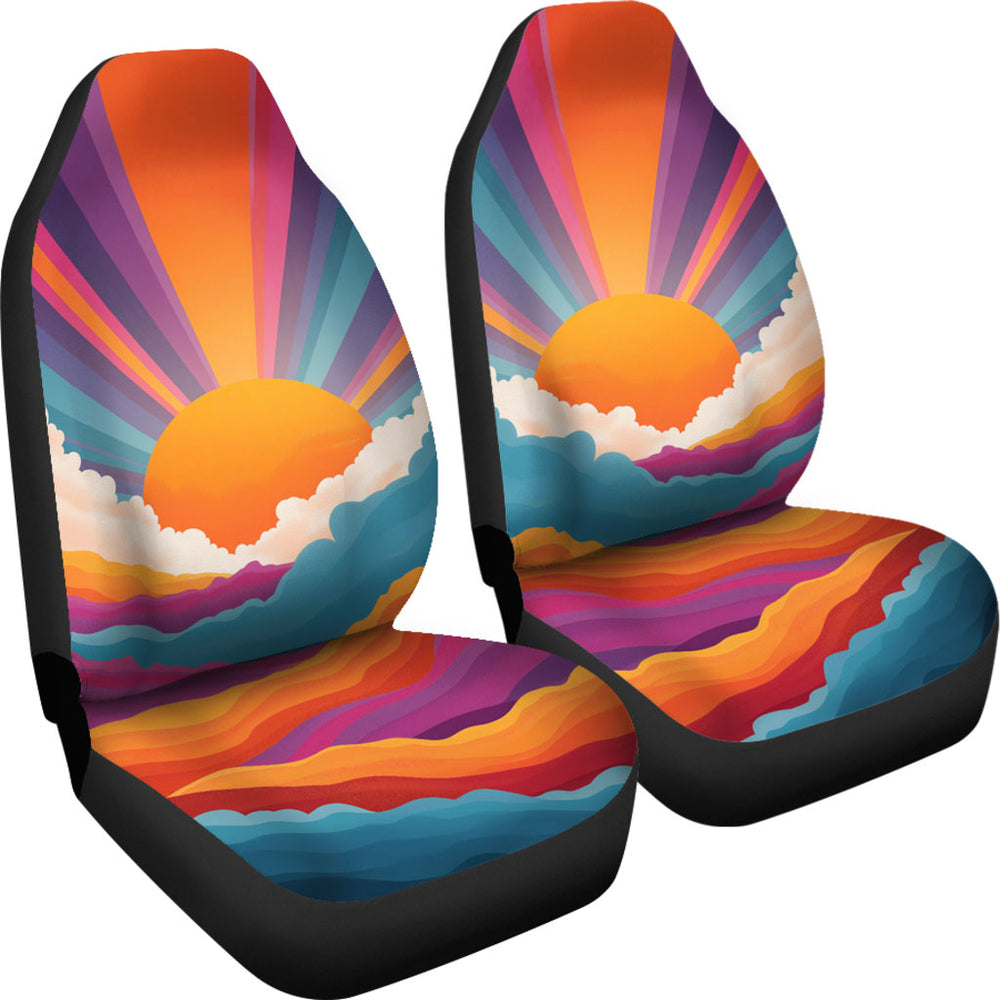 Angled view of a pair of Sunrise Car Seat Covers showcasing the colorful sunrise and clouds design.
