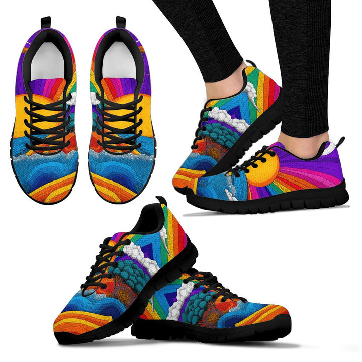 Multiple angles of Trippy Day Sneakers with black soles, including a lifestyle shot worn on feet.