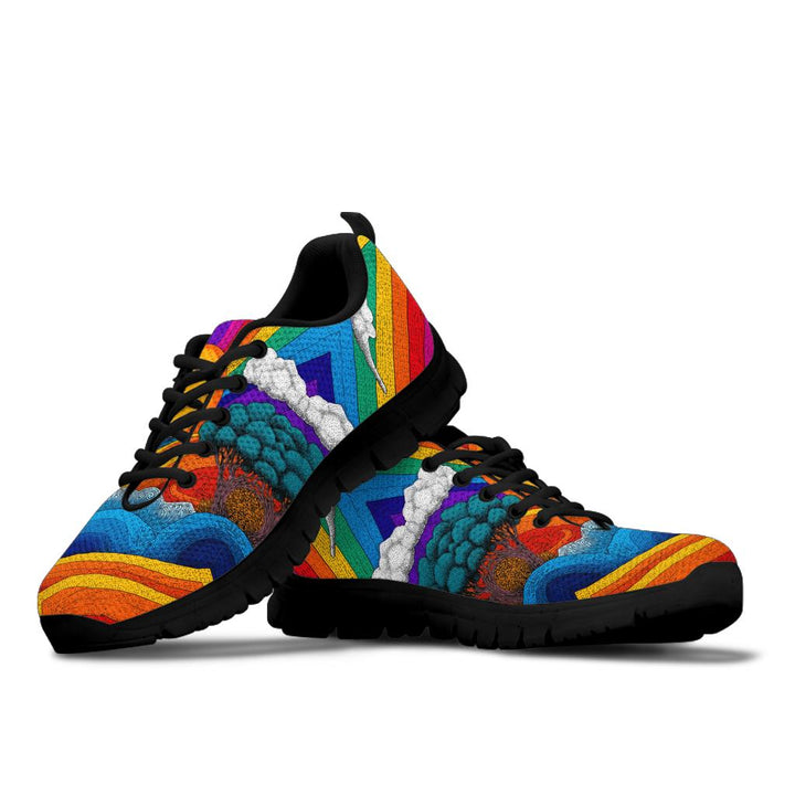 Trippy Day Sneakers featuring a vibrant artistic sun and rainbow landscape design with black soles.