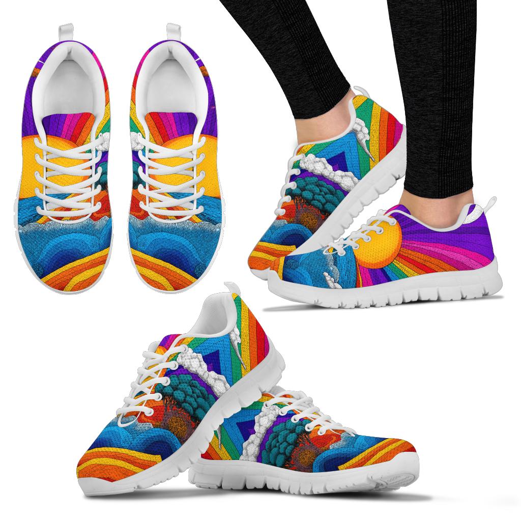 Multiple angles of Trippy Day Sneakers with white soles, including a lifestyle shot worn on feet.