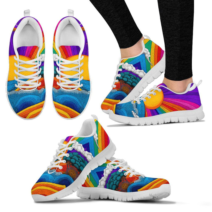 Multiple angles of Trippy Day Sneakers with white soles, including a lifestyle shot worn on feet.