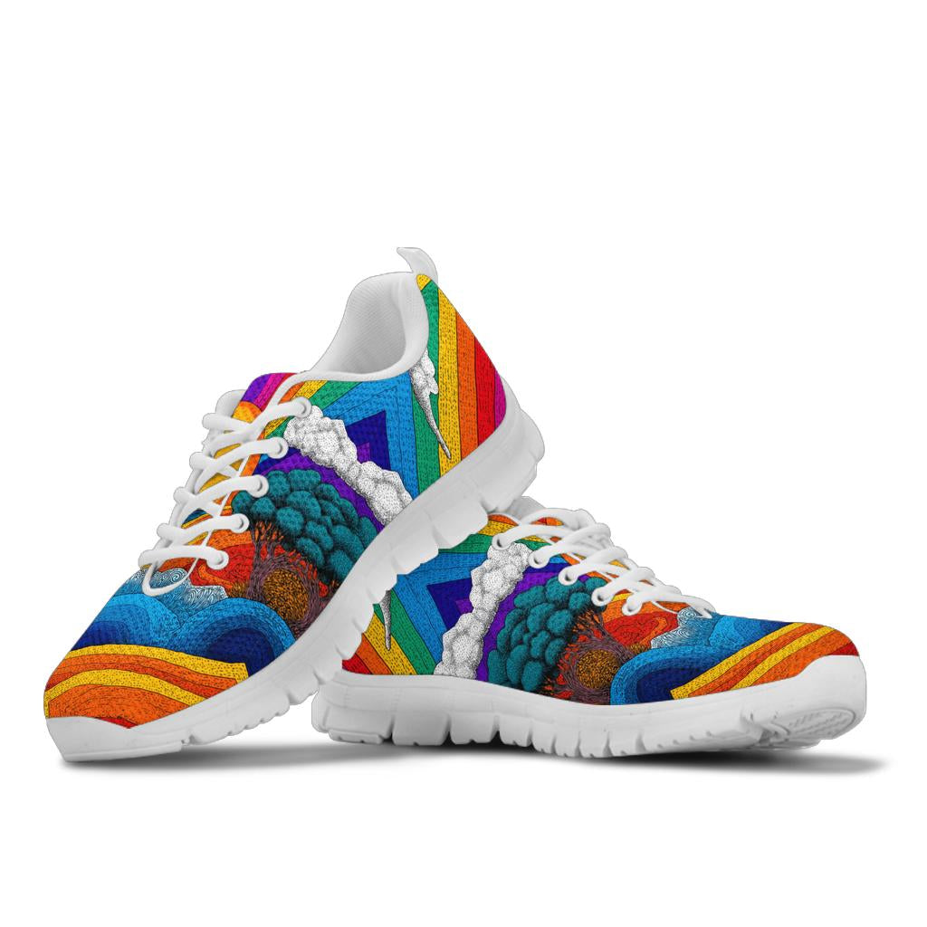 Stacked view of Trippy Day Sneakers showcasing the colorful sun and cloud pattern with crisp white soles and white laces.