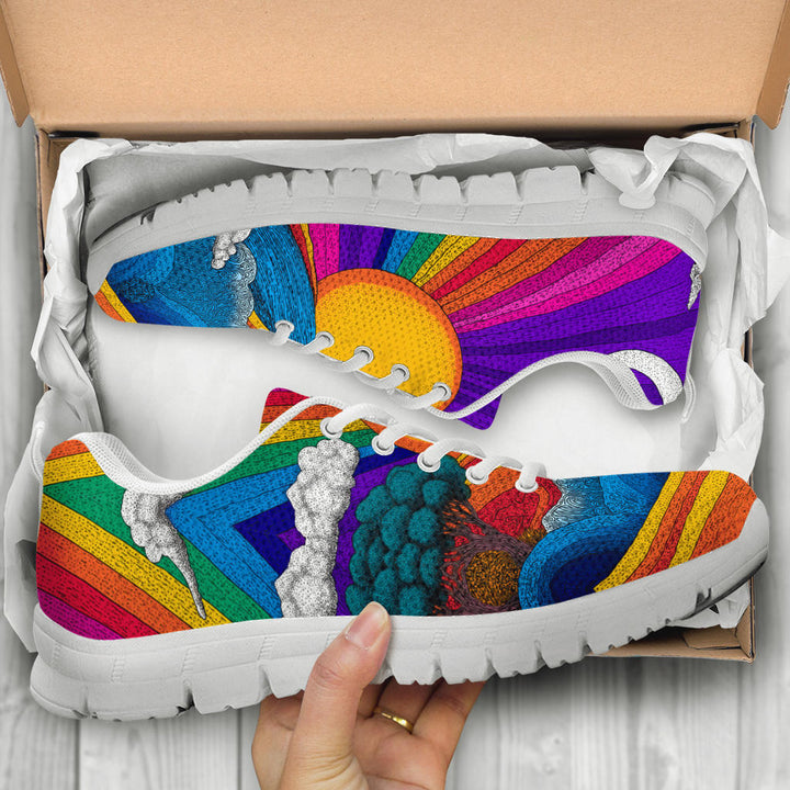 Unboxing Trippy Day Sneakers with white soles, showing the vibrant colorful shoes inside a cardboard shoe box.
