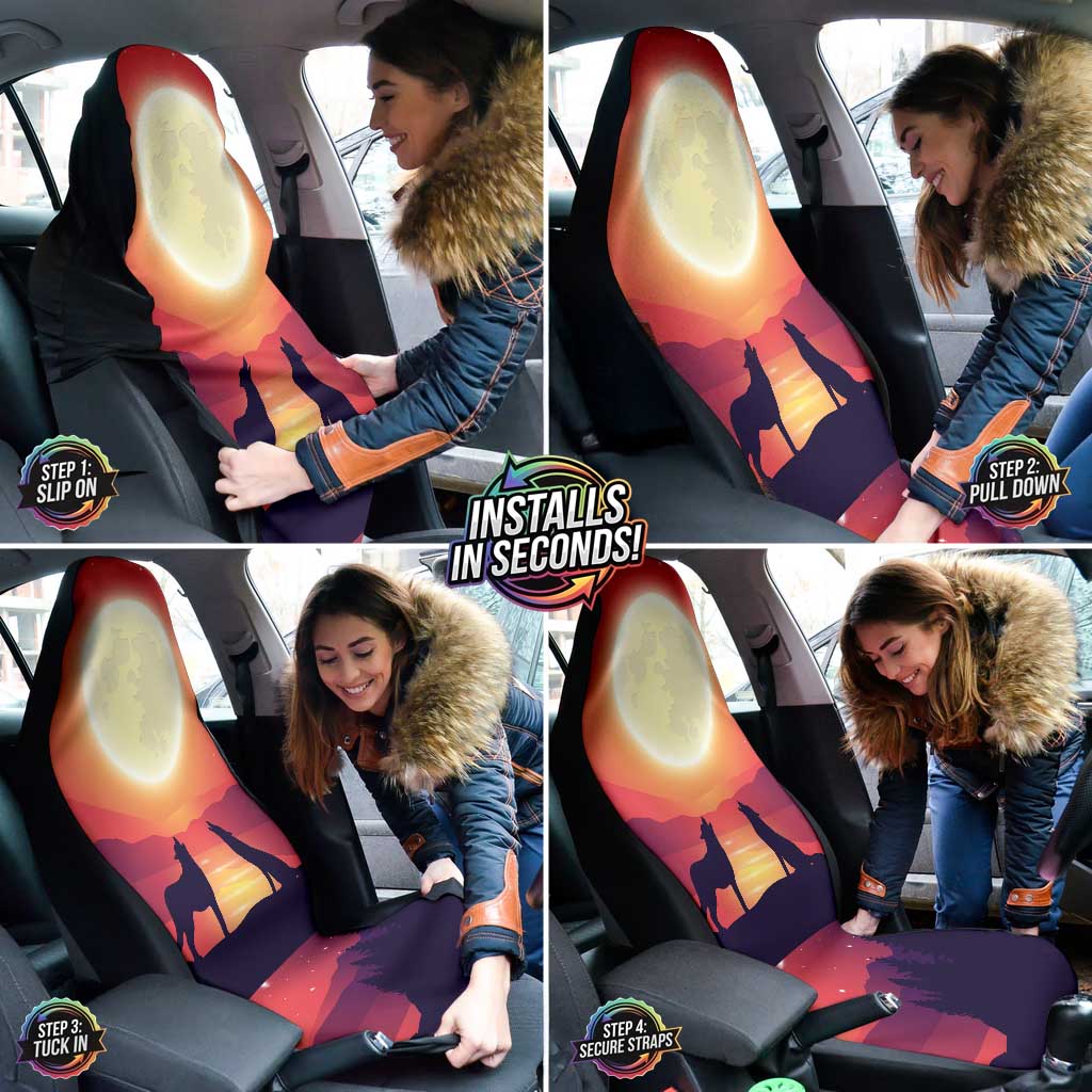 A collage showing a woman easily installing the Wolves Car Seat Covers over her car seats.