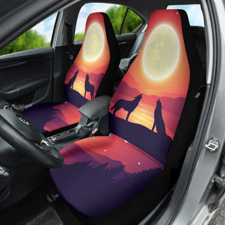 Wolves Car Seat Cover installed on a driver's seat, highlighting the wild wolf silhouette inside the car.