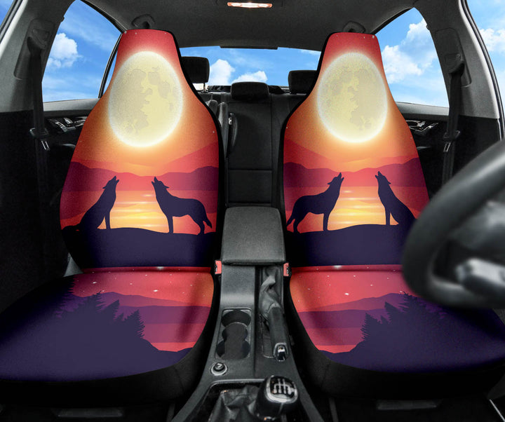 Wolves Car Seat Covers installed on front seats, showing the stunning wolf silhouette pattern.