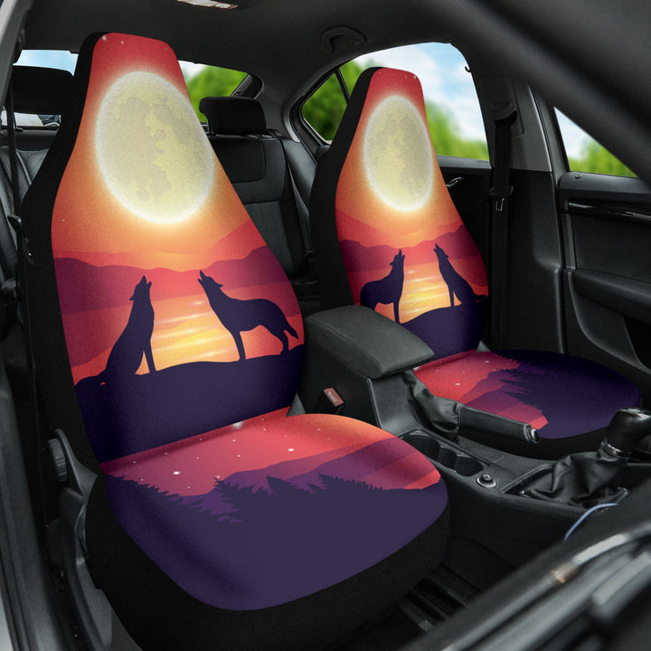 Front view of both Wolves Car Seat Covers installed in a car, adding a wild artistic touch to the interior.