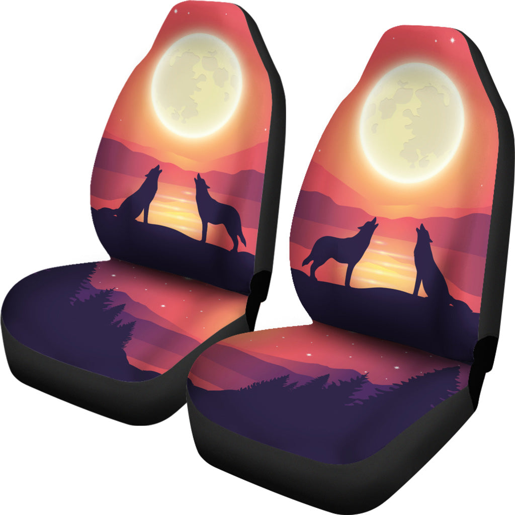 Front view of a pair of Wolves Car Seat Covers featuring a majestic wolf silhouette.