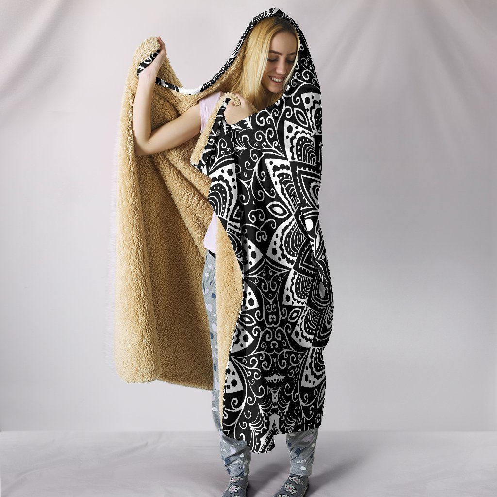 Black And White Mandala Hooded Blanket