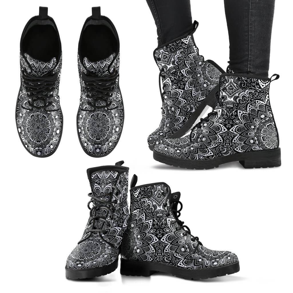 New Women Boots - Black & White Mandala Boots